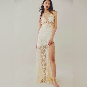 For Love & Lemons Cream Lace Maxi Dress with Yellow Accents